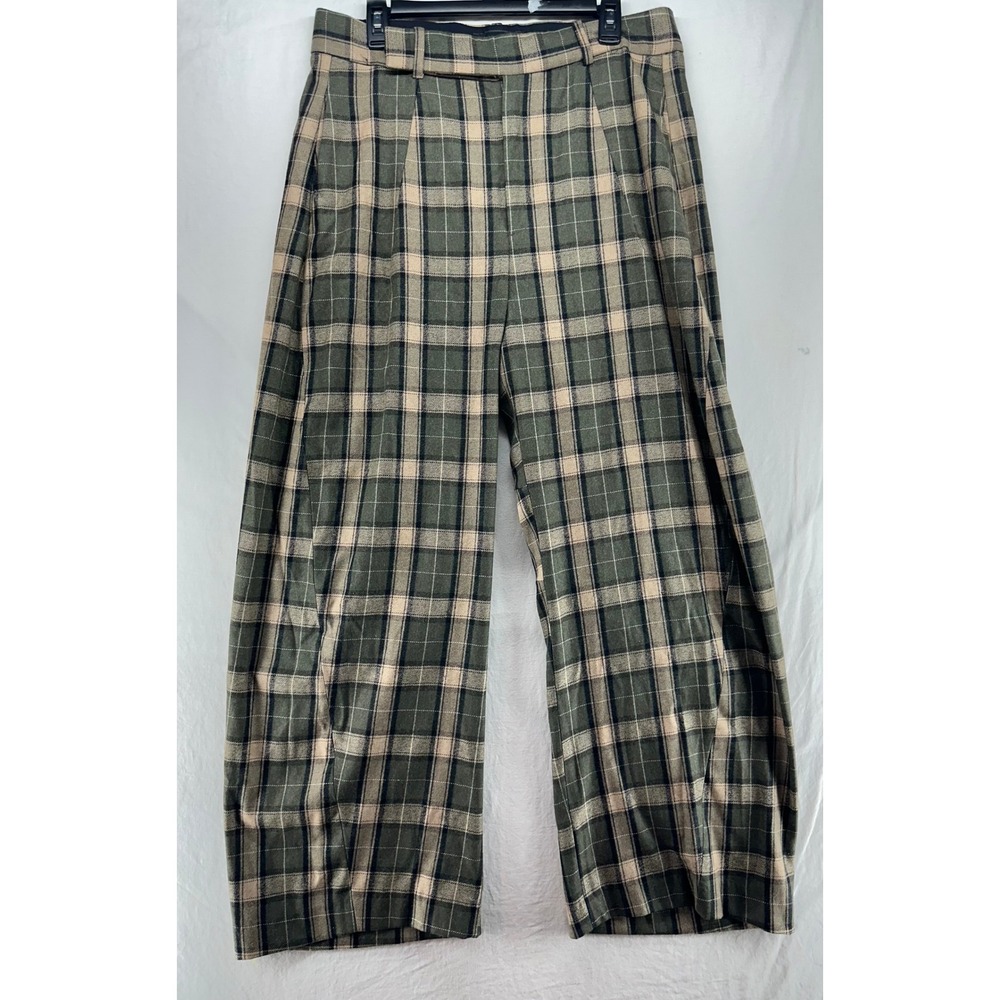 Zara Women Green Plaid Wide Leg High Rise Pleated Trousers Size L Pants - Picture 2 of 14